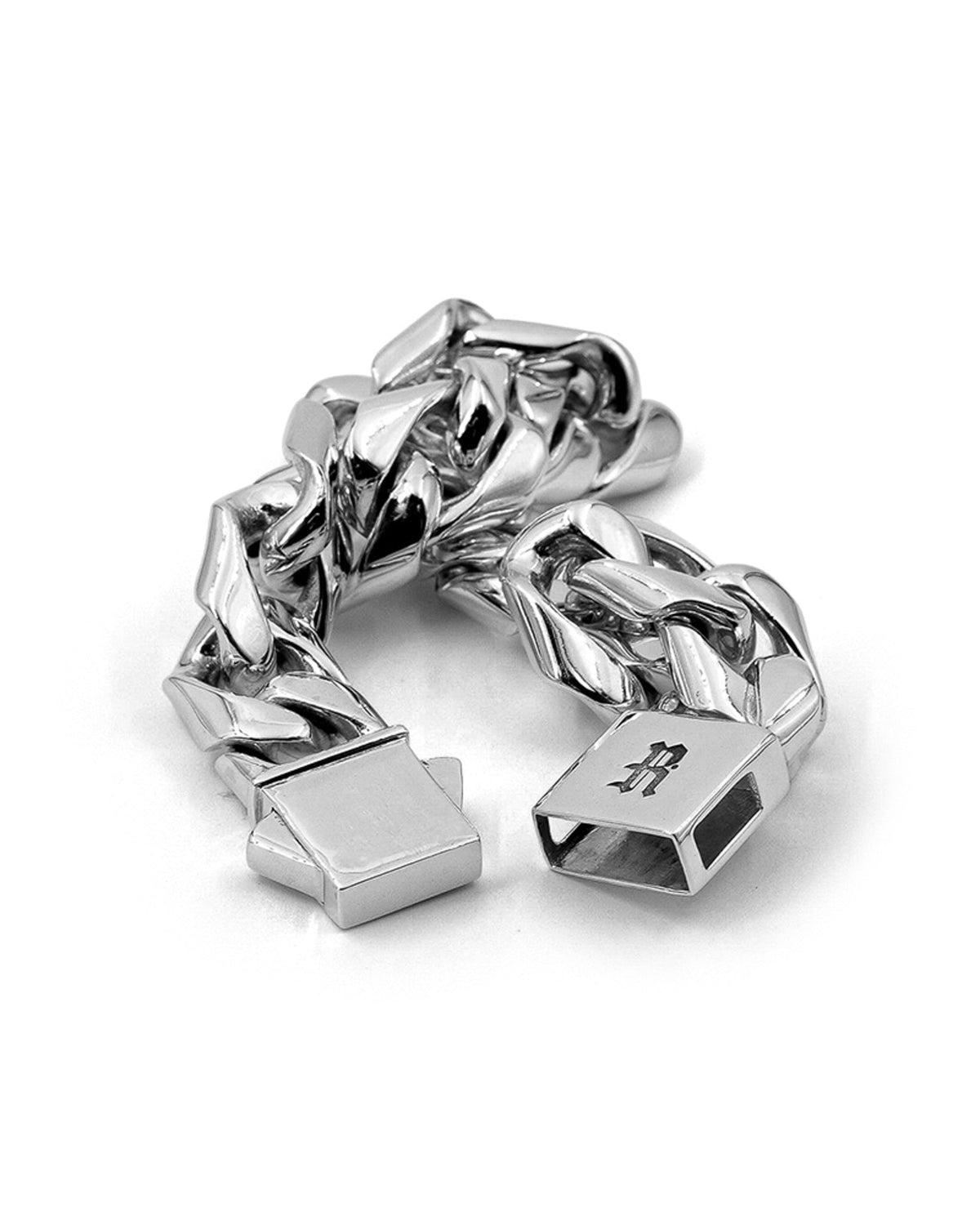 Close-up of the Large Cuban Bracelet custom clasp in solid sterling silver.