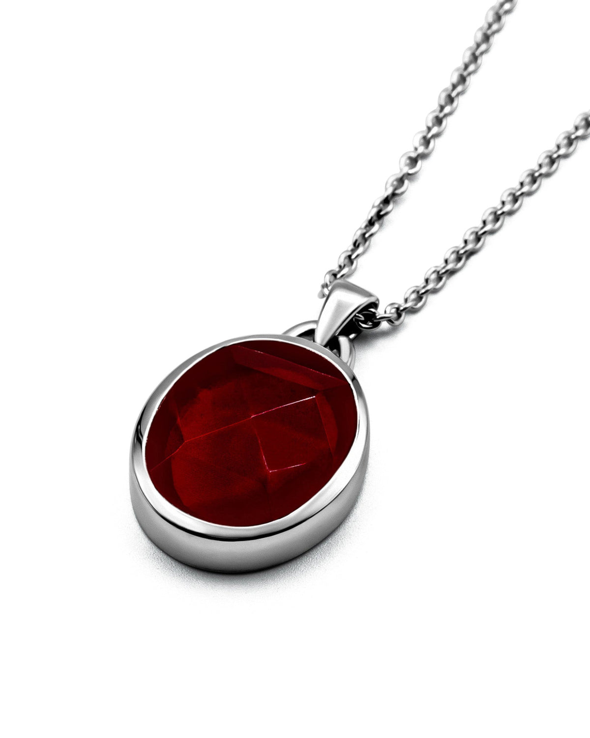 Suki Red Garnet Pendant handcrafted from solid 925 sterling silver featuring a faceted red garnet stone.