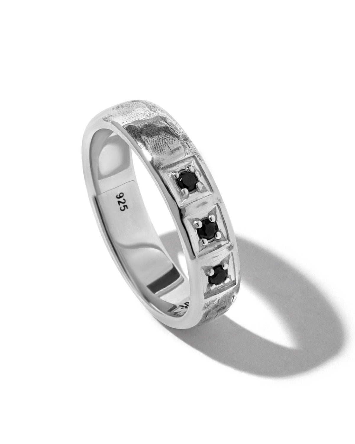 Premium sterling silver Trilogy Ring featuring genuine black onyx.