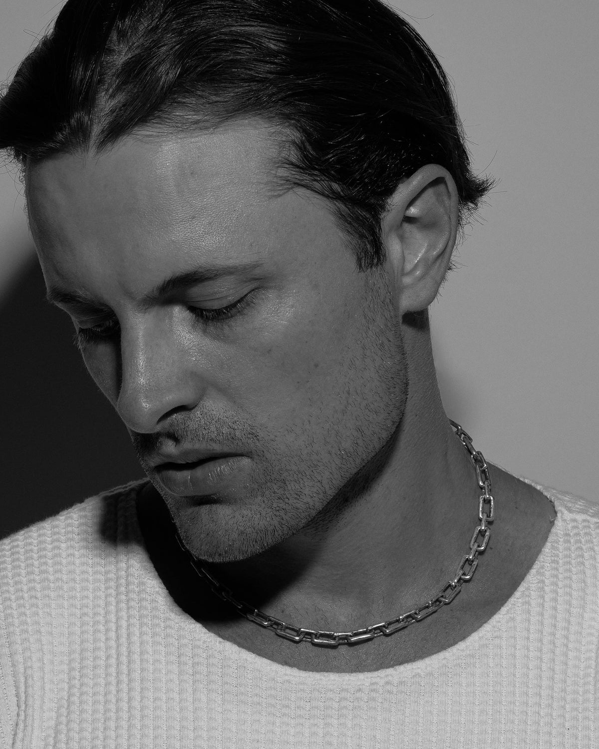Model wearing the Curtis Necklace handcrafted from solid 925 sterling silver.