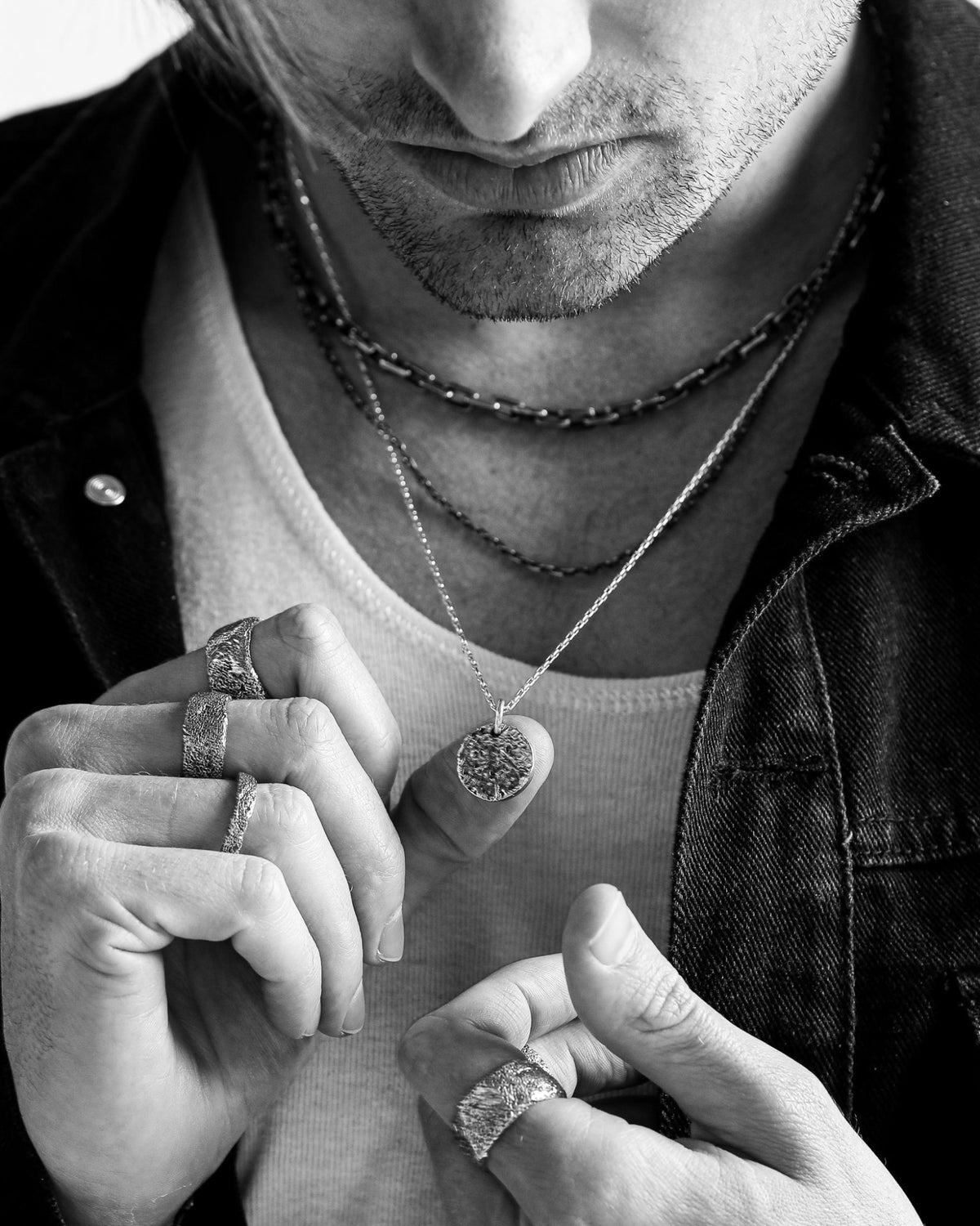 Model wearing the Martinez Pendant handcrafted from solid 925 sterling silver on a sterling silver necklace.
